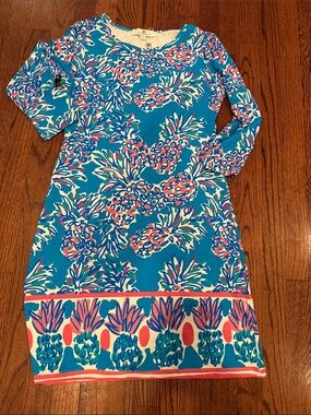 Jean Pierre Blue Pineapple Print Shift Dress 3/4 sleeve